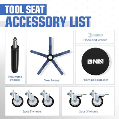 DNA Motoring Rolling Shop Stool, Adjustable Height Padded Rolling Seat, Pneumatic Roller Mechanic Stool for Garages, 300lbs Capacity, TOOLS-00635-BK-BL - style: 5 Wheel Blue