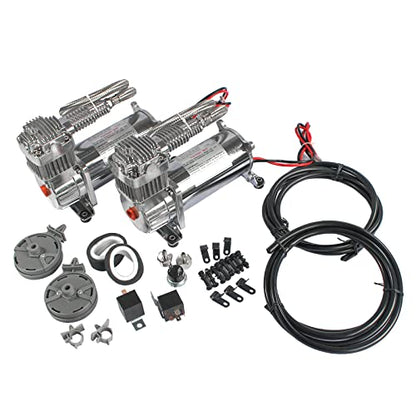 DICMIC 12V 444C 200 PSI Dual Value Pack Chrome Air Compressor for Auto/Motorcycle - size: 2Pcs