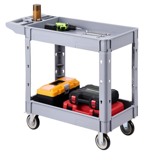 VEVOR Utility Cart, 550 lbs Capacity, 2 Tier Service Cart with 360° Swivel & Fixed Wheels (2 with Brakes), Heavy Duty Plastic Rolling with Storage Tray, Tool Storage for Garage Warehouse Workshop - size: 39.76 x 17.3 x 33.3 in