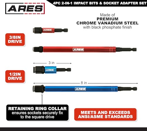 ARES 22028 – 2-in-1 Impact Bit and Socket Adapter Set – 3-Inch and 8-Inch Adapters - Unique Design Holds Standard 1/4-Inch Hex Bits and 3/8-Inch Drive Sockets – Spinning Sleeve Stabilizes Adapter - size: 4pc 2-in-1 Impact Bit and Socket Adapter Set