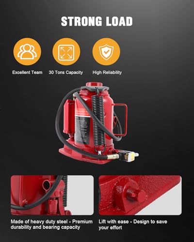 OCPTY 30 ton (66,000 lbs) Air Hydraulic Bottle Jack, Lifting Automotive | Welded for Repair Vehicle, Pickup, Truck, SUV, Industrial Engineering w/Manual Handle, Red