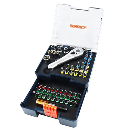 58 Piece 1/4 Inch Drive Mini Ratchet Wrench Set,Mini Socket Set,Screwdriver Bit Set with Phillips,Slotted,Hex,Trox,Tamper Proof Torx,Quick Release Bit Holder - color: 58pc Ratchet & Bit Set