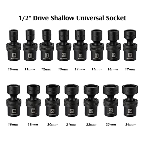 MIXPOWER 15-piece 1/2" Drive Shallow Universal Impact Socket Set, 6 Points, Metric, 10-24mm, Swivel Socket with Flexible Wobble, CR-MO, Heavy Duty Storage Case… B08JTJVV8M - size: 15 Pcs Metric 1/2'' Dr. (Shallow)