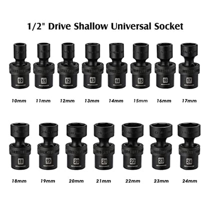 MIXPOWER 15-piece 1/2" Drive Shallow Universal Impact Socket Set, 6 Points, Metric, 10-24mm, Swivel Socket with Flexible Wobble, CR-MO, Heavy Duty Storage Case… B08JTJVV8M - size: 15 Pcs Metric 1/2'' Dr. (Shallow)