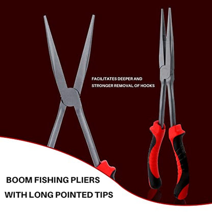Hikary Long Nose Fishing Pliers, Stainless Steel Hook Remover Braid Cutter Rustproof Multi-Tool Fishing Gripper for Freshwater Saltwater - color: Red-11inch