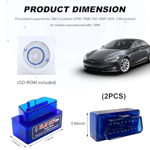 2 PCS ELM327 OBDII Car Auto Diagnostic Scanner, Professional Mini Bluetooth Scan Tool Engine Fault Code Reader, Wireless Failure Detector Interface Adapter for Most OBD II Vehicles - color: Blue, 2 PCS