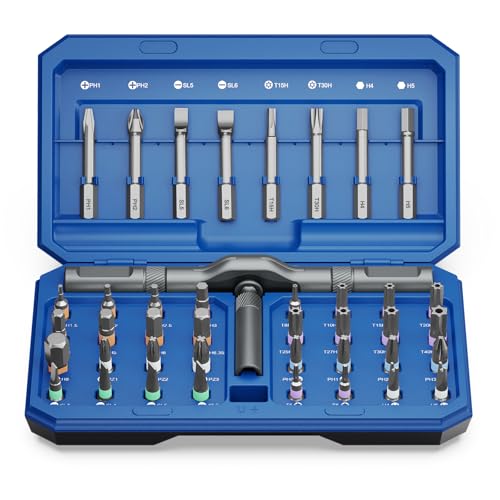 42 in 1 Magnetic Screwdriver Set, AMIR Ratchet Screwdriver Set for Christmas Gifts, DIY Repair Tool Kit with Magnetic Multi Bit, Rotatable T Handle for Furniture, Computer - color: Blue