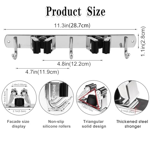 AceMining Broom Holder Wall Mount, 2 Racks 3 Hooks Heavy Duty Mop Organizer | Mop Holder Wall Mount and Broom Hanger for Garage, Laundry Room, Kitchen and Utility Storage - color: 2 Racks & 3 Hooks (Silver) - 1 Pack