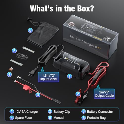 Marine Battery Charger 5X1: 1-Bank, 5A Onboard Battery Charger - 5A Per Bank, 12V Waterproof Boat Batter Charger for SLA/AGM, Lithium, Calcium - Charged 24/7 - size: 1 Bank(5A)