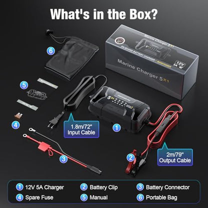 Marine Battery Charger 5X1: 1-Bank, 5A Onboard Battery Charger - 5A Per Bank, 12V Waterproof Boat Batter Charger for SLA/AGM, Lithium, Calcium - Charged 24/7 - size: 1 Bank(5A)