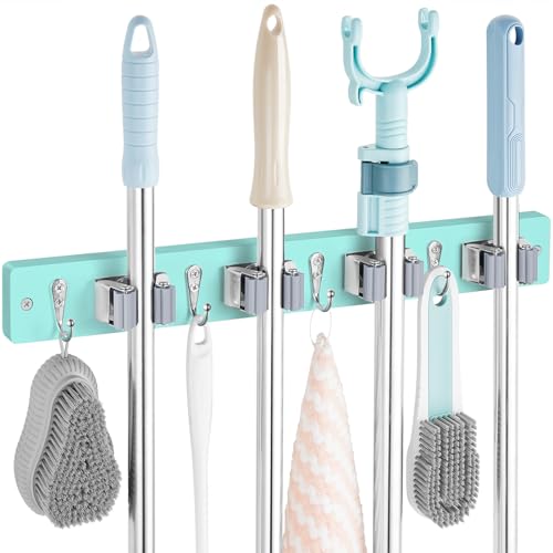 OUTNILI Turquoise Mop Broom Holder Wall Mount with 4 Slots & 4 Hooks - Wood Broom Mop Hanger for Pantry Closet Laundry Room Organization - for Teal Kitchen Decor and Accessories - color: Turquoise-4 Grips, size: 1 Pack
