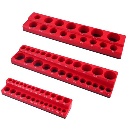 Magnetic Socket Organizer Set 3-Piece 1/2", 1/4" and 3/8" SAE Socket Holder Storage Tray Tools Box Clear Markings Powerful Magnet Tools Drawer Storage Holds 68 Pcs (Sockets are Not Included)