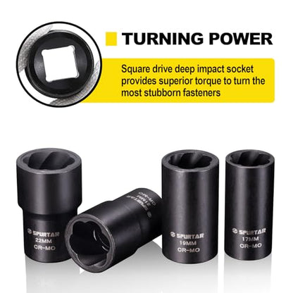 Spurtar 5 Pcs Lug Nut Removal Tool 17mm 19mm 21mm 22mm | 1/2 inch Drive Lug Nut Extractor Set Bolt Extractor Kit for Removing Damaged, Rounded Bolt