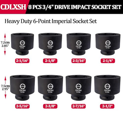 3/4" Drive Impact Socket Set, 8 PCS Heavy Duty Large SAE Socket Set | Standard 6-Point Jumbo SAE Sockets Sizes 2-1/16" to 2-1/2", Cr-Mo Steel, Overall Heat Treatment for Heavy Duty Use - style: zxttgj-3/4-8pcs-SAE