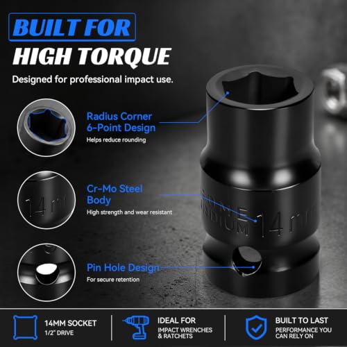 2PCS 14mm Impact Socket 1/2" Drive, 6 Point Metric Shallow Socket, CR-V Steel Heavy Duty Impact Wrench Socket for Automotive Repair - size: 14mm
