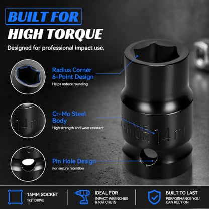 2PCS 14mm Impact Socket 1/2" Drive, 6 Point Metric Shallow Socket, CR-V Steel Heavy Duty Impact Wrench Socket for Automotive Repair - size: 14mm