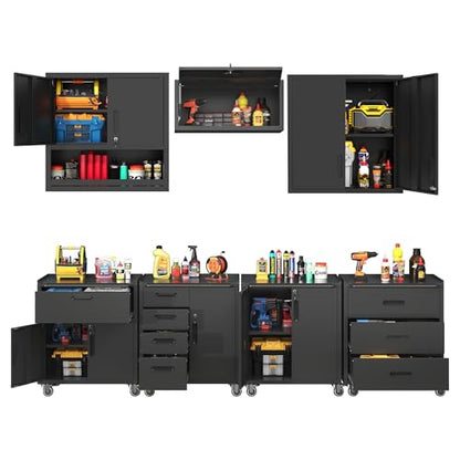 Metal Tool Cabinet,Garage Storage Cabinet System,Wall Cabinet & Locking Rolling Tool Cabinet with Doors and Adjustable Shelves,Steel Tool Cabinets for Home - color: Black