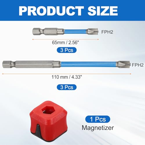 HARFINGTON 6Pcs FPH2 Slotted Phillips Head Screwdriver Bit Set, 65mm and 110mm Magnetic Tip 1/4" Hex Shank Metric Flat Cross Driver Drill Bit Wrench for Various Electric Screwdrivers
