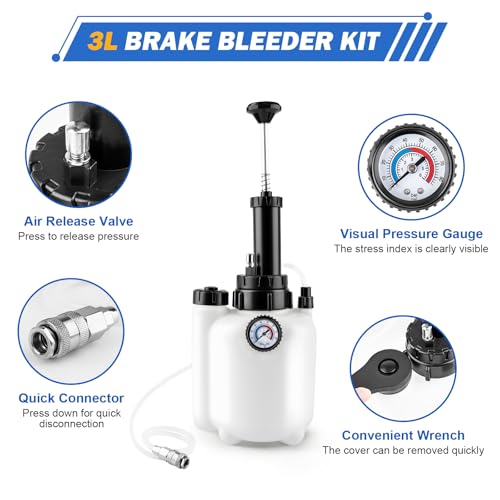 3L Manual Brake Bleeder Kit, One Person Brake Fluid Bleeding Vacuum Pump with 1L Catch Bottle and 4 Master Cylinder Adapters for Brake & Clutch System, Suitable for Most Vehicles