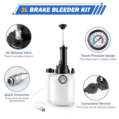 3L Manual Brake Bleeder Kit, One Person Brake Fluid Bleeding Vacuum Pump with 1L Catch Bottle and 4 Master Cylinder Adapters for Brake & Clutch System, Suitable for Most Vehicles