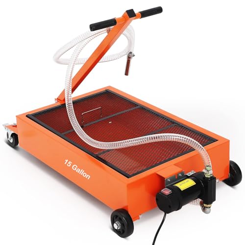 PeakPursuit 15 Gallon Oil Drain Pan with Pump-Electric Rolling Oil Drain Cart with 8Ft Hose, Folding t-Handle & Caster Wheels, for Semi Truck, SUVs and Cars