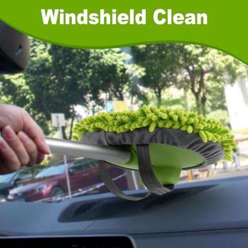 anngrowy 62" Microfiber Car Wash Brush Mop Kit Mitt Sponge with Long Handle Car Cleaning Supplies Kit Duster Washing Car Tools Accessories, 1 Chenille Scratch-Free Replacement Head Aluminum Alloy Pole - color: Green