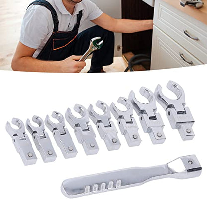 flexman 9Pcs Flex Head Flare Nut Wrench Set, 9~19mm Chrome Vanadium Steel 180 Degree Rotating Spanner with Handle, Flexible Head Torsion Wrench for Tight Spaces