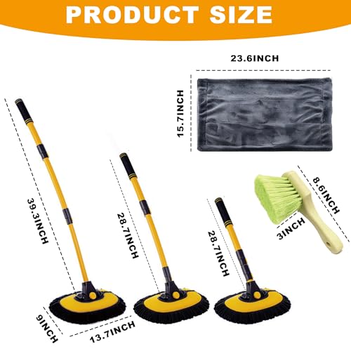 Car Wash Mop with Long Handle 15° Curved Extension Microfiber Scratch-Free Car Wash Brush with 1300GSM Thickened Drying Towel & Soft Bristle Tire Brush Complete Car Wash Kit (Yellow & Black) - color: Yellow & Black