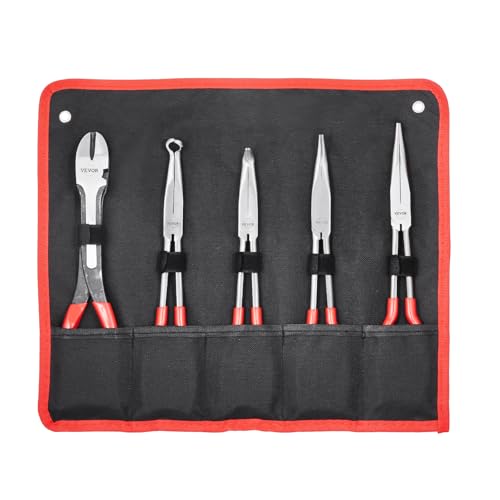 VEVOR 5-Piece Needle Nose Pliers, 11 in Long Needle Nose Pliers Set, Diagonal Cutting Pliers, 45°/ 90° Bent Nose Plier, Round Nose Plier, Long Nose Plier, Professional Pliers Set with Storage Bag