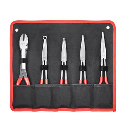VEVOR 5-Piece Needle Nose Pliers, 11 in Long Needle Nose Pliers Set, Diagonal Cutting Pliers, 45°/ 90° Bent Nose Plier, Round Nose Plier, Long Nose Plier, Professional Pliers Set with Storage Bag