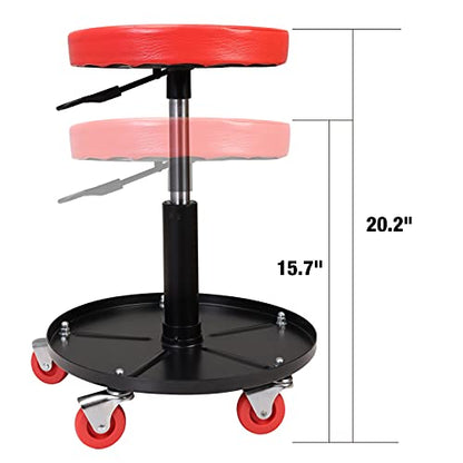 Torin ATRHL6201B Heavy Duty Rolling Pneumatic Creeper Garage/Shop Seat: Padded Adjustable Mechanic Stool with Tool Tray Storage, Red 250 LBS