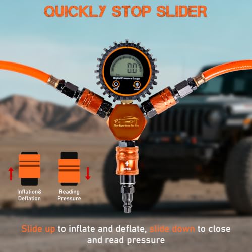 4 Tire Inflation Deflation System W/300PSI Digital Pressure Gauge | Fits up to 200" Wheelbase, Plastic Carry Box & Heavy Duty Hoses, Fits Truck, Car, Trailer, Motorcycle Offroad Vehicles,Orange - color: Orange