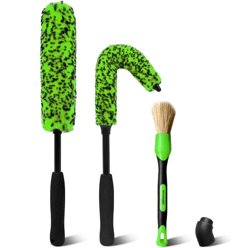 YeewayVeh 3PCS Quick Car Wheel Brush Kit, 2-Size 360° Bendale Rim Cleaner Brushes, Boars Hair Detailing Brush, Fast Scratch-Free Cleaning for Car Wheels, Motorcycle, Green - color: Green, size: 3-Pack