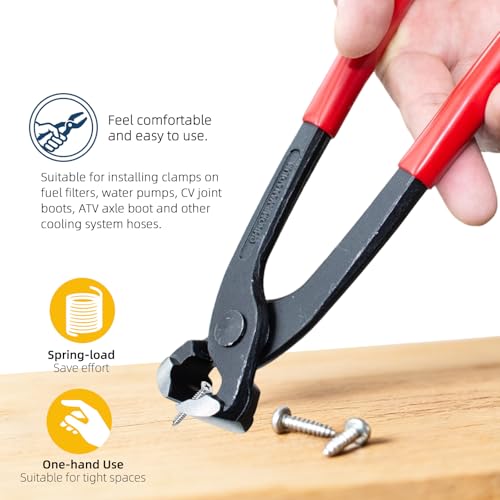 10 Inches Ear Clamp Pliers,Hose Clamp Crimping Tool,Carbon Steel Crimper Tool for Install Remove,Pincer Crimper Tool for Pipe Hose Clamps with 10pcs 1/2"304 Stainless Steel Hose Crimp