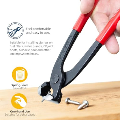 10 Inches Ear Clamp Pliers,Hose Clamp Crimping Tool,Carbon Steel Crimper Tool for Install Remove,Pincer Crimper Tool for Pipe Hose Clamps with 10pcs 1/2"304 Stainless Steel Hose Crimp