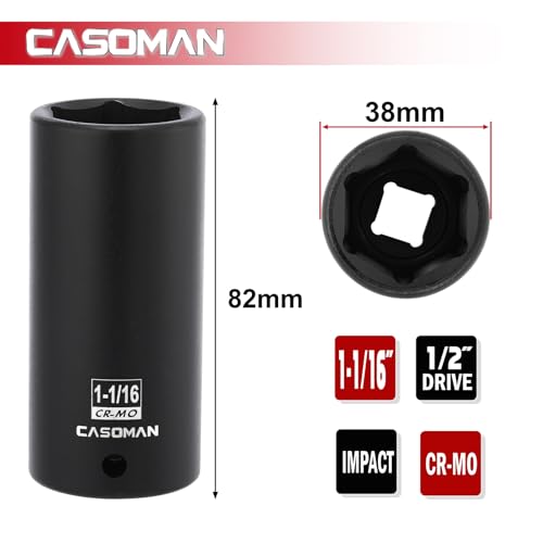 CASOMAN 1/2" Drive x 1-1/16" Deep Impact Socket, 6-Point, SAE, CR-MO - size: 26.99 mm (Deep), style: 6-Point Socket