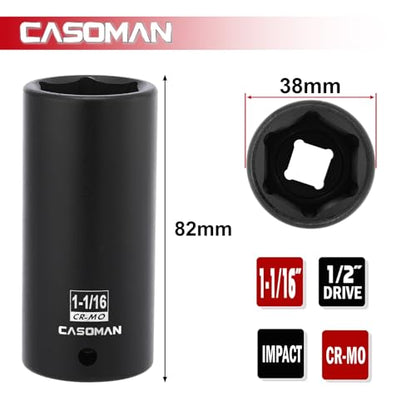 CASOMAN 1/2" Drive x 1-1/16" Deep Impact Socket, 6-Point, SAE, CR-MO - size: 26.99 mm (Deep), style: 6-Point Socket