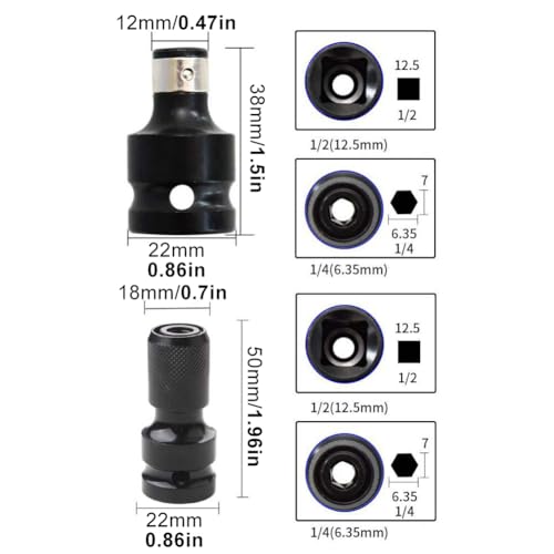 2pcs Impact Wrench Bit Adapter, Bit Holder Socket Adapter, 1/2 to 1/4 Inch, High Hardness Carbon Steel, Safety Clamp, Robust and Durable(COLOR:Black)