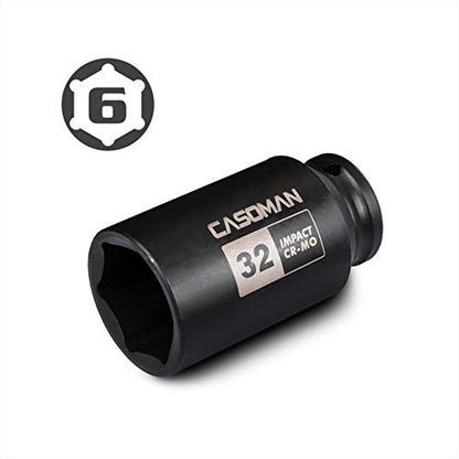 CASOMAN 1/2" Drive x 32 mm Deep 6 PT Impact Socket, CR-MO, 1/2-inch Drive 6 Point Axle Nut Socket for Easy Removal of Axle Shaft Nuts (32MM) - size: 32 mm (Deep), style: 6-Point Socket
