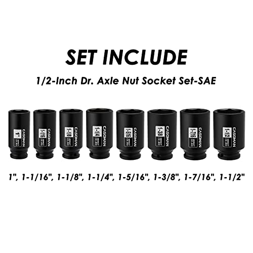 CASOMAN 1/2-Inch Drive Deep Spindle Axle Nut Impact Socket Set, 6 Point, CR-MO, SAE, 1" to 1-1/2", 8-Piece 1/2" Dr. Deep Impact Socket Set - size: 1/2" Dr. 8pcs (1" - 1-1/2")