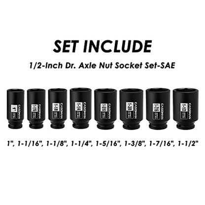 CASOMAN 1/2-Inch Drive Deep Spindle Axle Nut Impact Socket Set, 6 Point, CR-MO, SAE, 1" to 1-1/2", 8-Piece 1/2" Dr. Deep Impact Socket Set - size: 1/2" Dr. 8pcs (1" - 1-1/2")