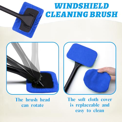 Car Window Cleaner, Car Windshield Cleaner Tool, Windshield Cleaner Inside with Extendable Handle and 4PCS Washable Reusable Cloth Pad, Car Tools Universal Auto Wiper Cleaning - color: Dark blue