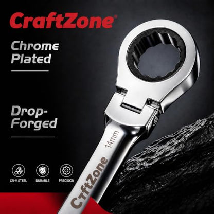 7-in-1 Ratcheting Open Flex-Head Wrench Set, Metric 8-14mm, 72-Tooth Gear, CR-V Steel, Durable Tool Box, Gift for Handyman