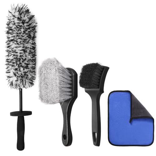 4PCS Wheel Detailing Kit Metal-Free Dual Hardness Towel Care Gift | Scratch-safe metal-free rim brush, dual tire brushes, lint towel, compact portable, brake dust cleaner, DIY & shop gift - color: 4