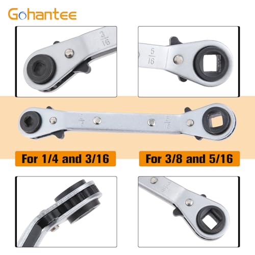 gohantee Refrigeration Ratchet Wrench 4 Different Sizes - 1/4 x 3/16 Square x 3/8 x 5/16 Square Air Conditioning Ratcheting Service Wrench