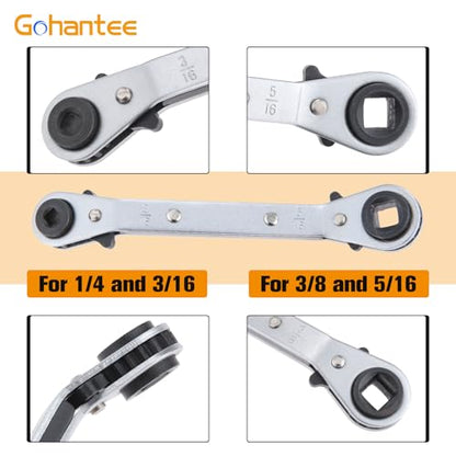 gohantee Refrigeration Ratchet Wrench 4 Different Sizes - 1/4 x 3/16 Square x 3/8 x 5/16 Square Air Conditioning Ratcheting Service Wrench
