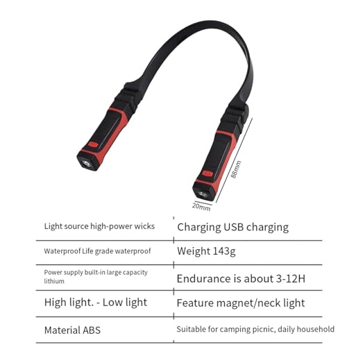 Okhugogo 2X Detachable Neck Light Rechargeable, LED Work Light with Magnetic Base, Hands Free Mechanic Light, Around Neck, Black&Red