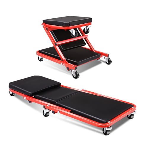 Foldable Z Creeper 2 in 1 Rolling Seat for Garage Shop Auto Repair | 40 inch, 330LBS Capacity, Creeper Seat with Wheels Adjustable Chair, Red - style: 40inch-Red