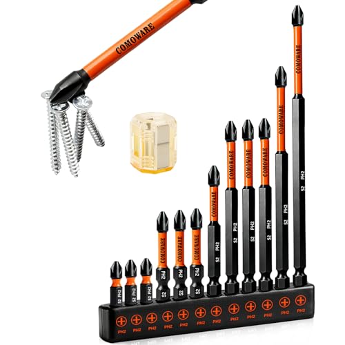 COMOWARE 13pcs Phillips Impact Screwdriver Drill Bits #2, S2 1/4" Hex Screwdriver Bit Set, 1-6" Length, CNC Tip Magnetic Drill Bit, Impact Hex Bits Sets with Magnetizer For Power Drill - color: Ph2 12pcs Phosphate-coated