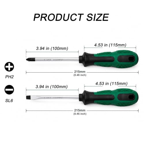 4Inch Screwdriver Set,PH2&SL6 Magnetic Screwdrivers Cushion Grip | PH2 & SL6 screwdrivers with 4-inch Blades and Ergonomic Cushion-grip Handles for Reliable Daily Use
